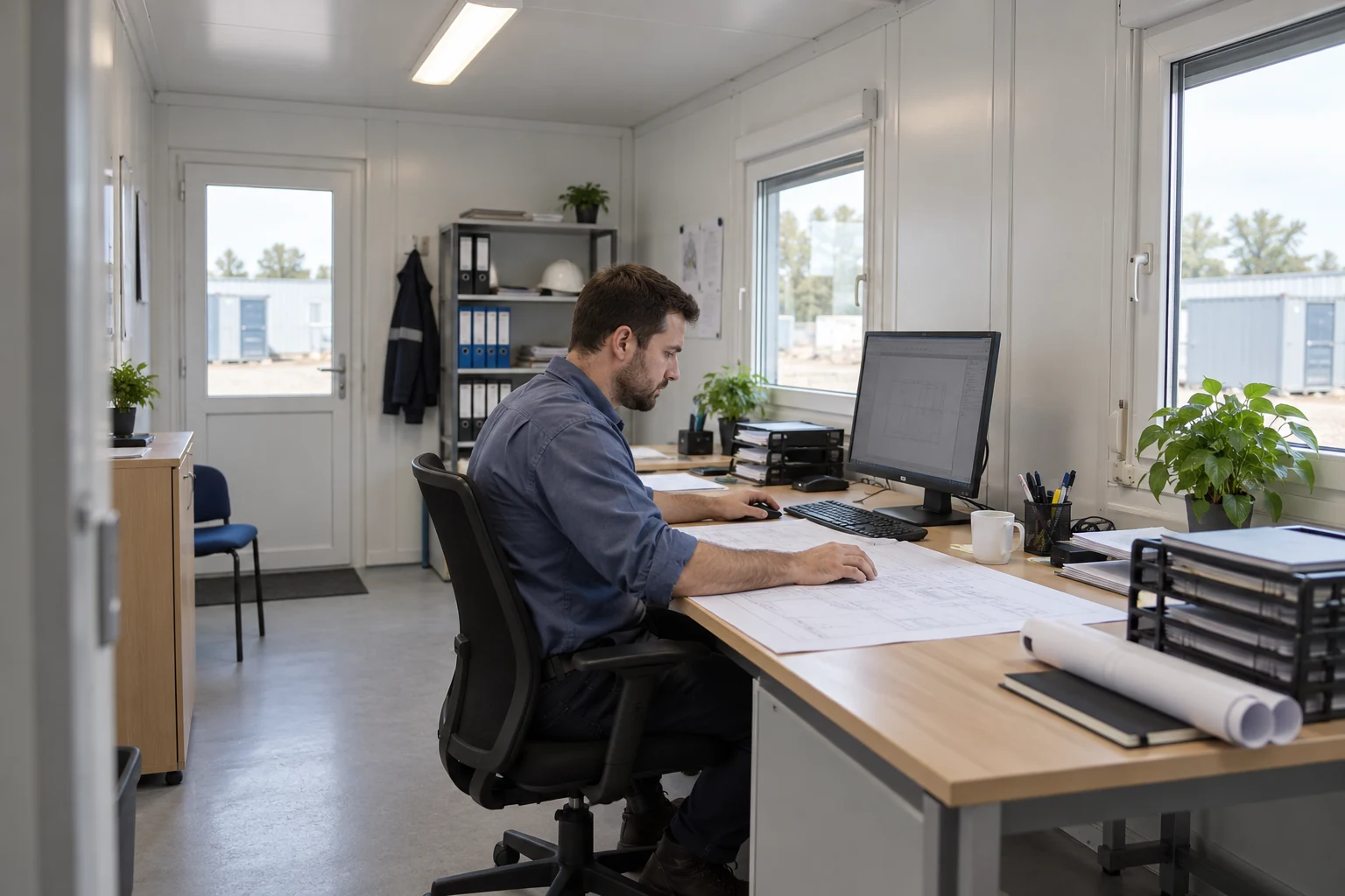 Abbildung eines sitzenden Arbeiters, der in einem modularen Büro eine Zeichnung und einen Bildschirm betrachtet.