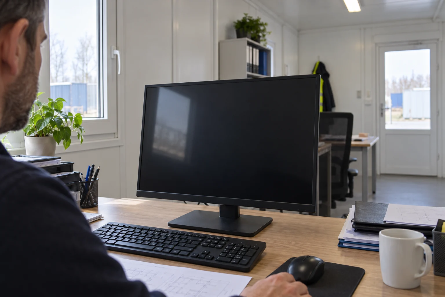 Beispielhafte Darstellung von Fensterlicht und -reflexionen, beobachtet von einem Monitorarbeitsplatz aus.