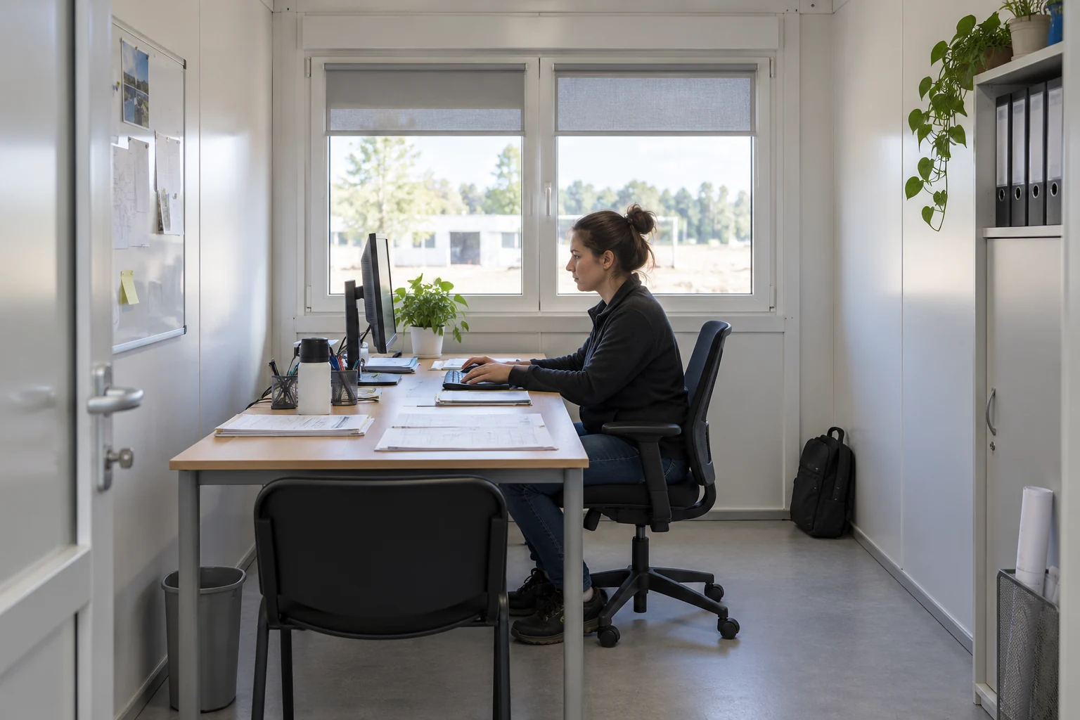 Beispielhafter Büroschreibtisch und Monitor, die im rechten Winkel zu einem Seitenfenster positioniert sind.