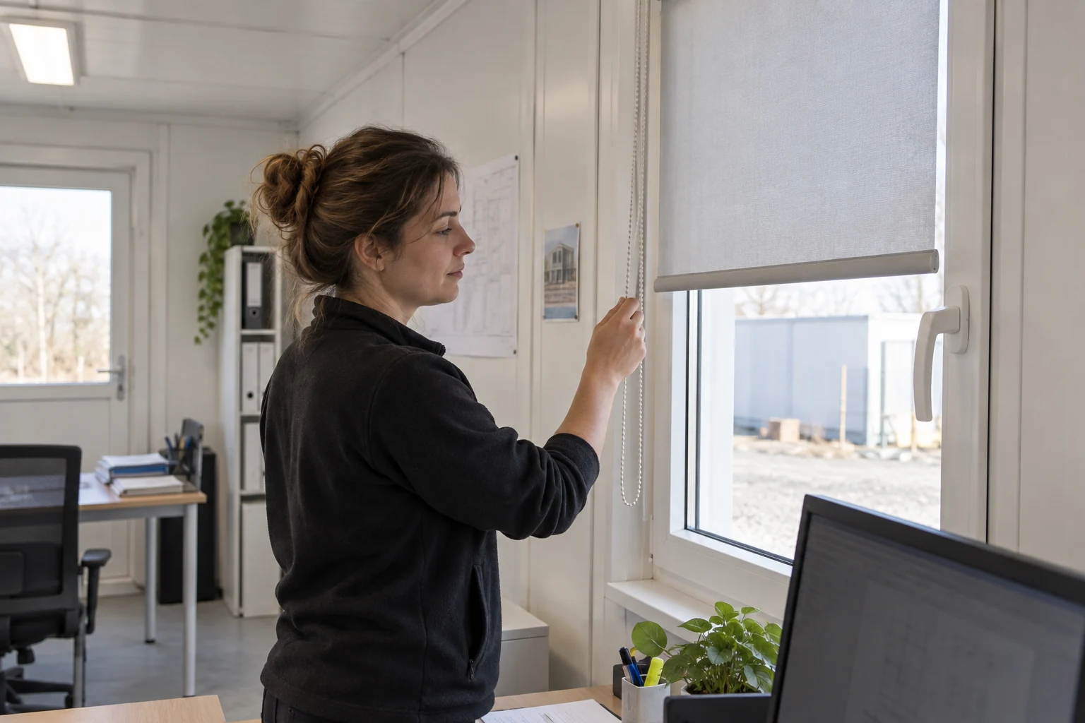 Illustrativer Nutzer verstellt ein Fensterrollo neben einem Büroarbeitsplatz.