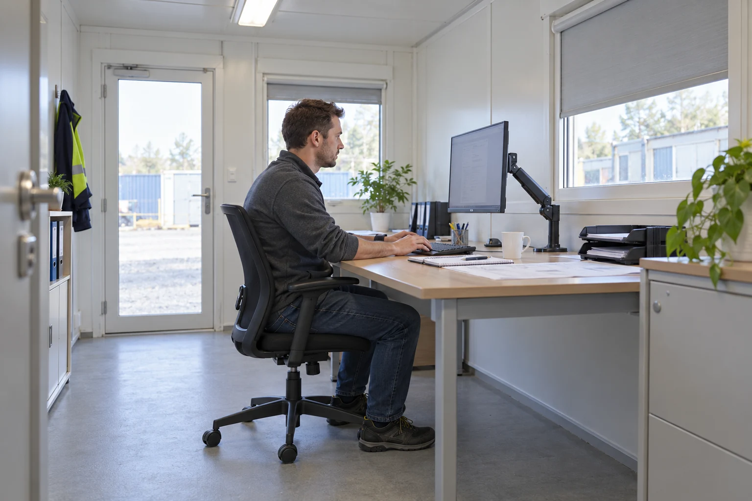 Illustrativer Beschäftigter liest einen Monitor an einem verstellbaren Büroschreibtisch.