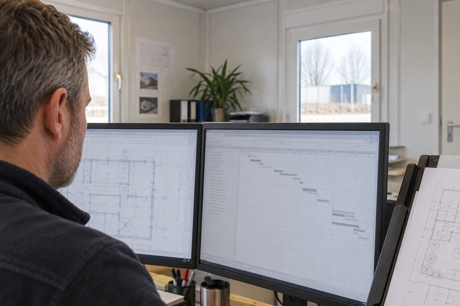 Beispielhaft sind nebeneinander angeordnete, schräg gestellte Monitore und ein aufrechter Dokumentenhalter in einem modularen Büro.