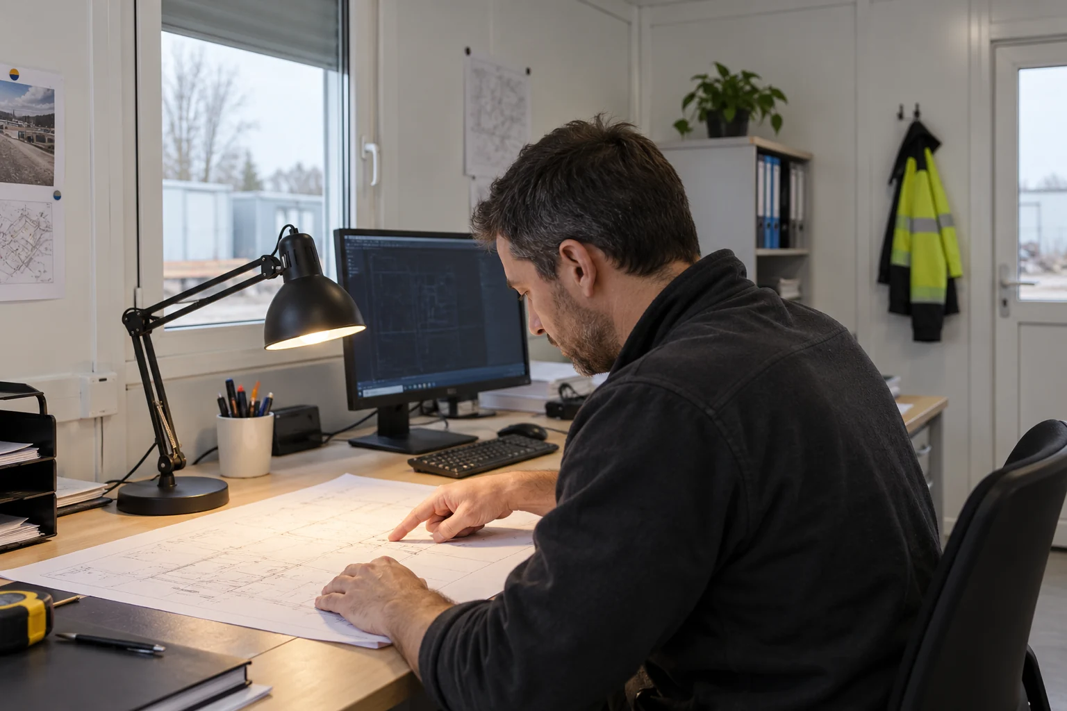 Illustrative Arbeitsplatzleuchte für Papierarbeiten neben einem Computerarbeitsplatz.