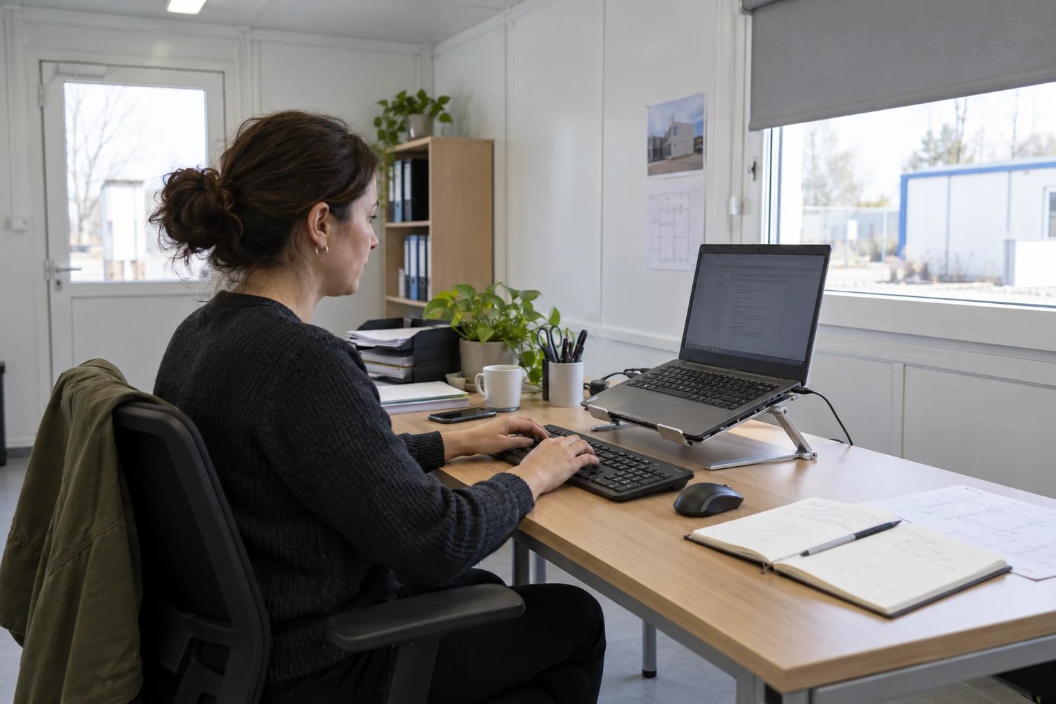 Illustrativer Laptopständer mit separater Tastatur und Maus.