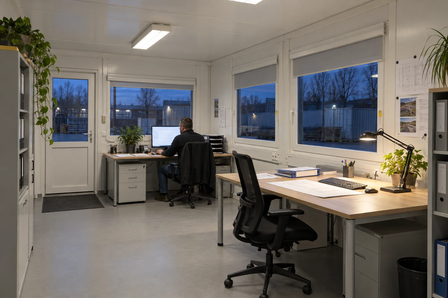 Beispiel eines modularen Büros in der Abenddämmerung mit gewöhnlicher Decken- und Papierarbeitsplatzbeleuchtung.