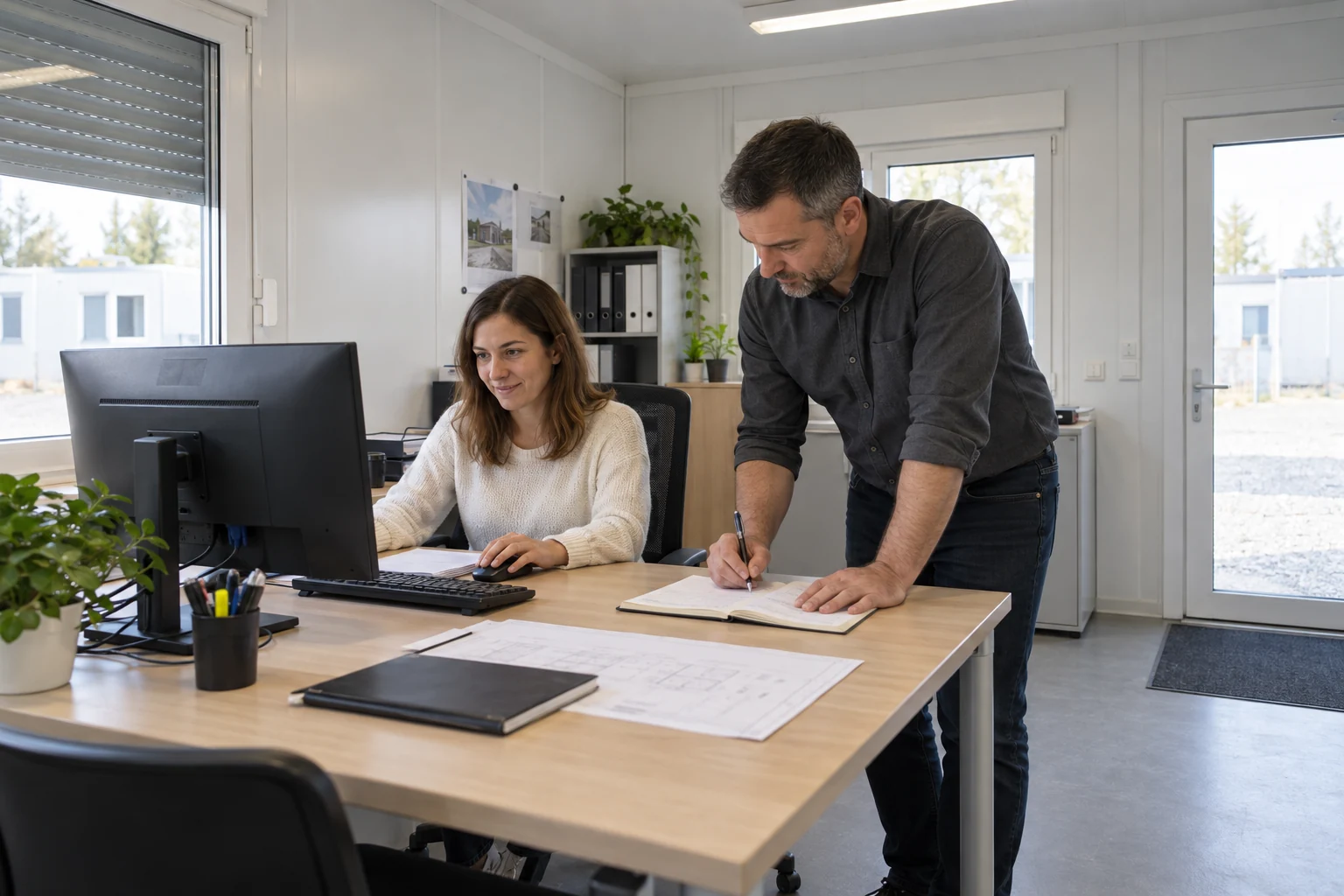 Illustrative Büronutzerin oder Büronutzer und Führungskraft dokumentieren Feststellungen einer Arbeitsplatzprüfung.
