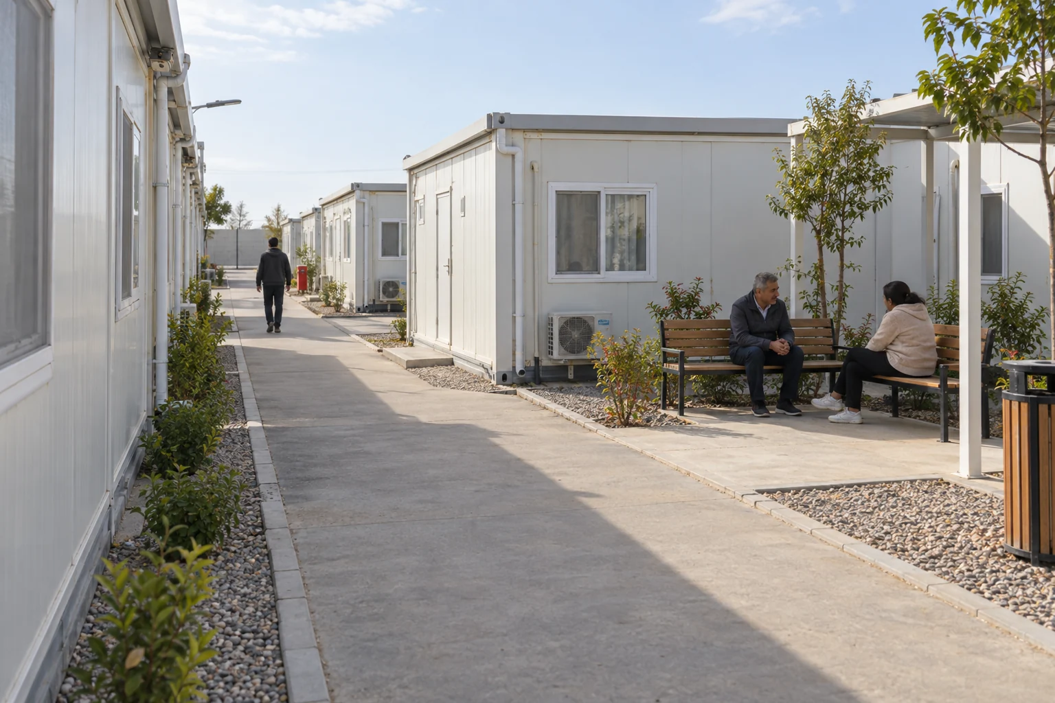 Pasillo ilustrativo para residentes con una zona de espera separada junto a las habitaciones modulares.
