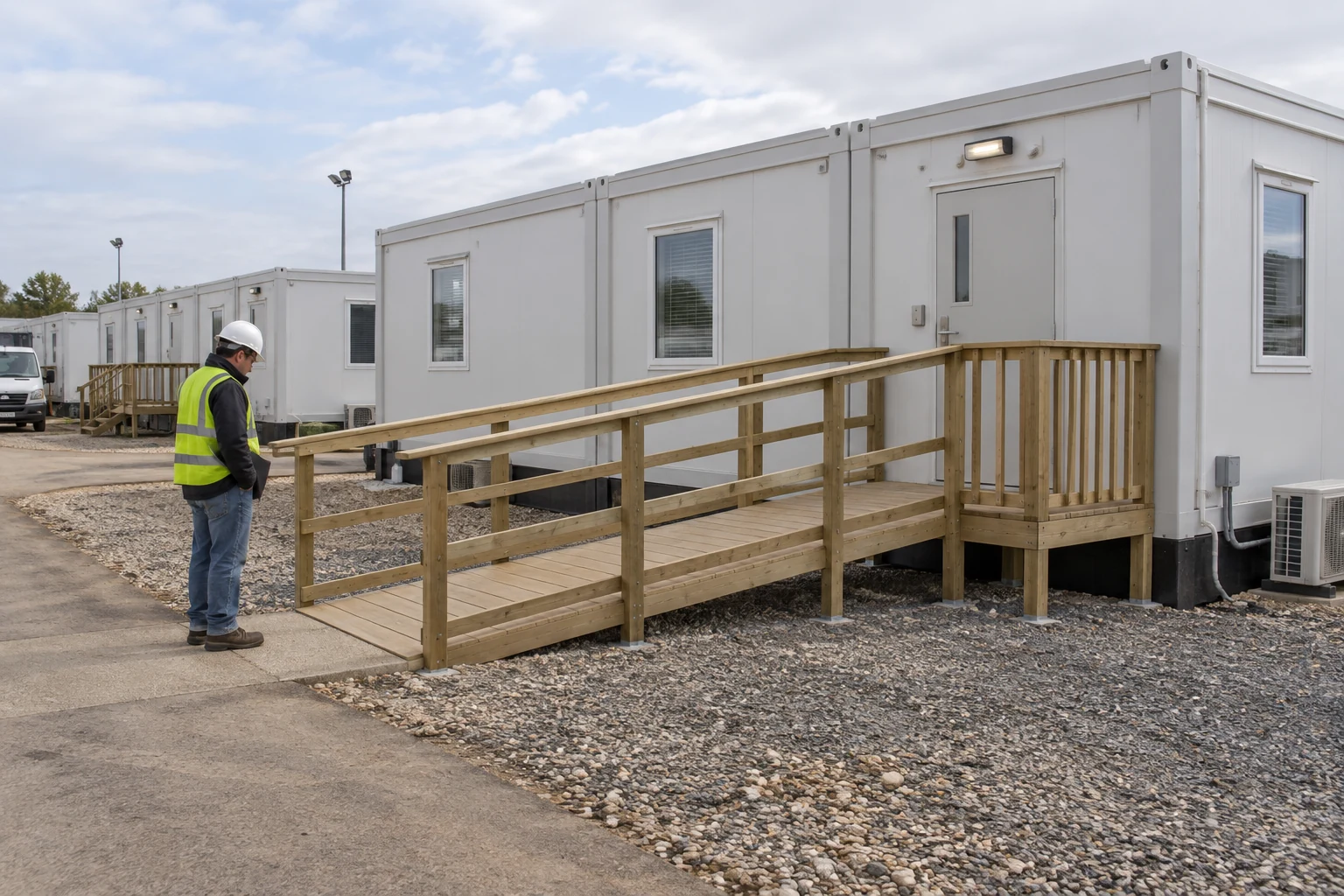 Rampa y rellano completos que conectan un piso de vivienda modular bajo y elevado con el acceso.
