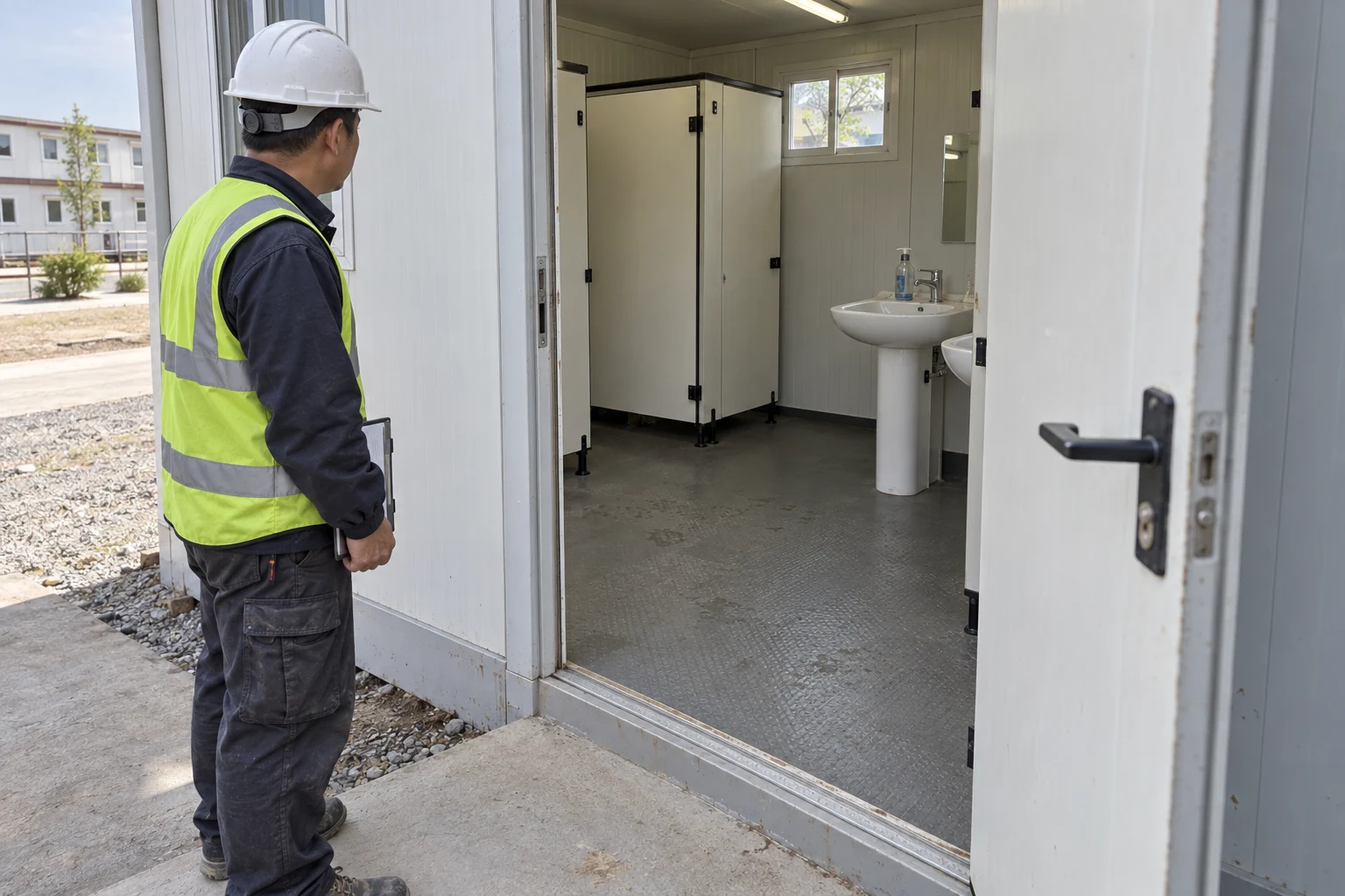 Revisión ilustrativa de la entrada y el acceso a los accesorios de un baño modular compartido, sin certificación de accesibilidad.