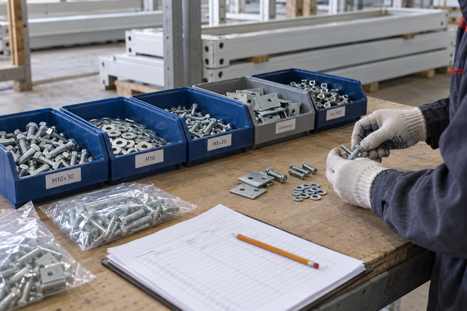 Arbeiter zählt separat sortierte Befestigungselemente und Verbinder