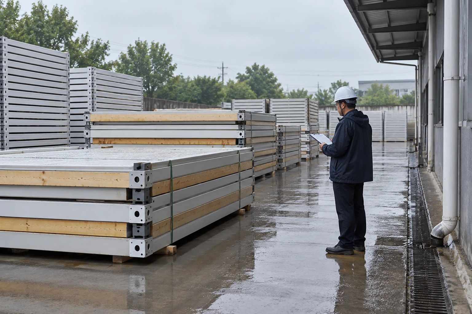 Prüfer kontrolliert verpackte Bauteile nach dem Regen