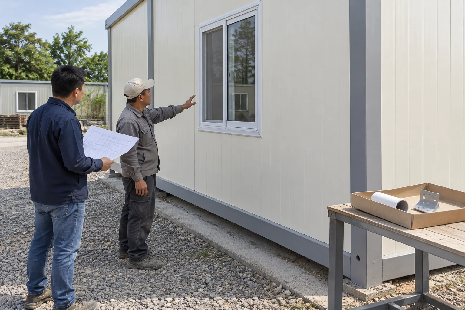 Deux intervenants discutent d’un emplacement de réseau proposé près d’une paroi modulaire intacte et d’échantillons non raccordés.