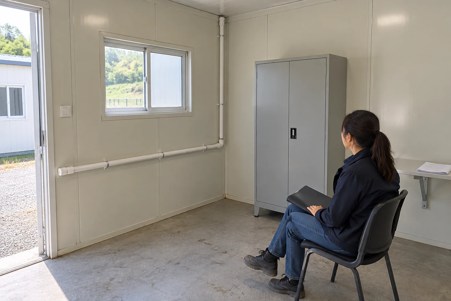 Un coordinateur examine les surfaces intactes d’un local technique près d’un placard fermé et d’un tuyau apparent.