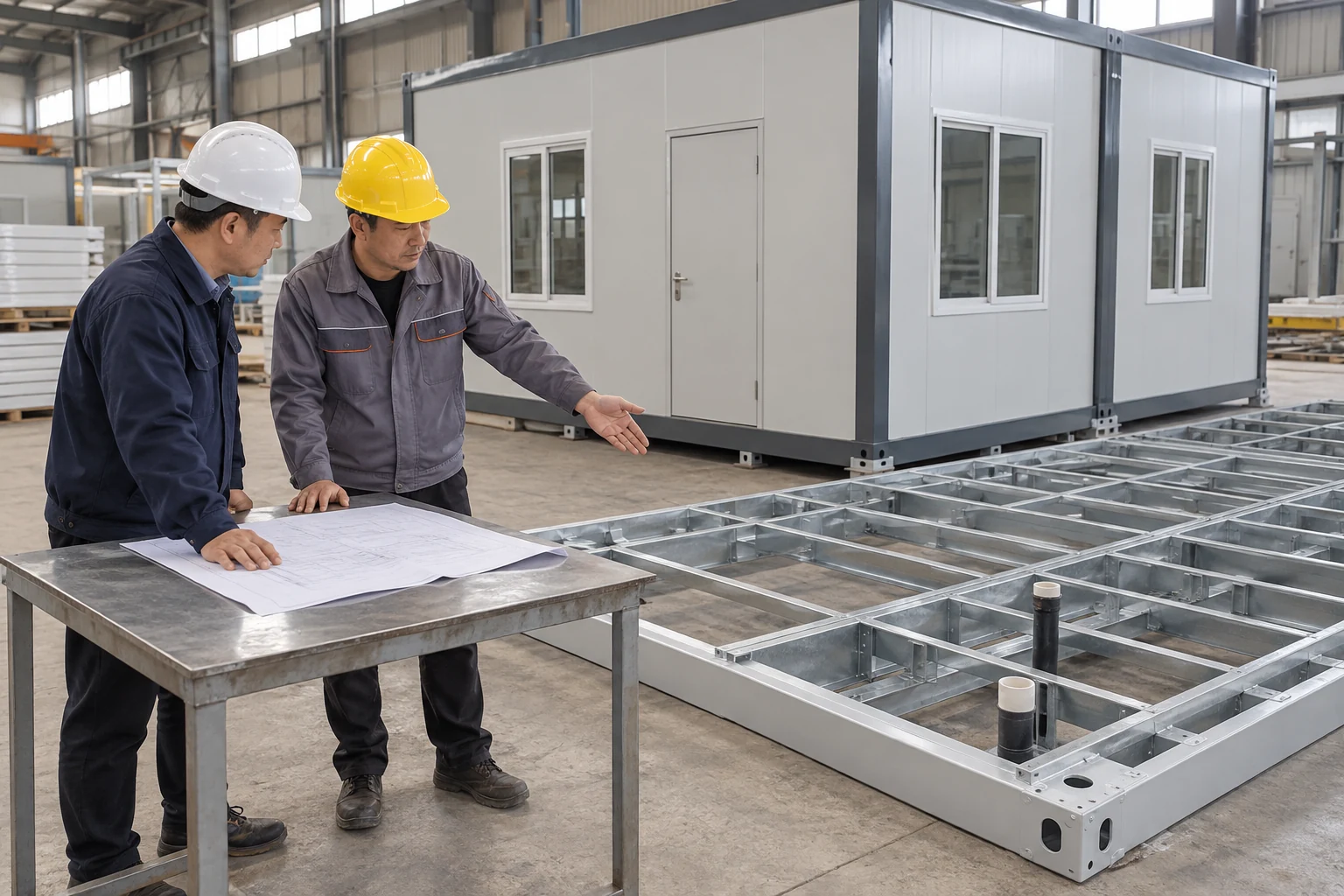 Deux collègues comparent une feuille de responsabilités illisible près d’une base modulaire intacte et de son tuyau prémonté visible.