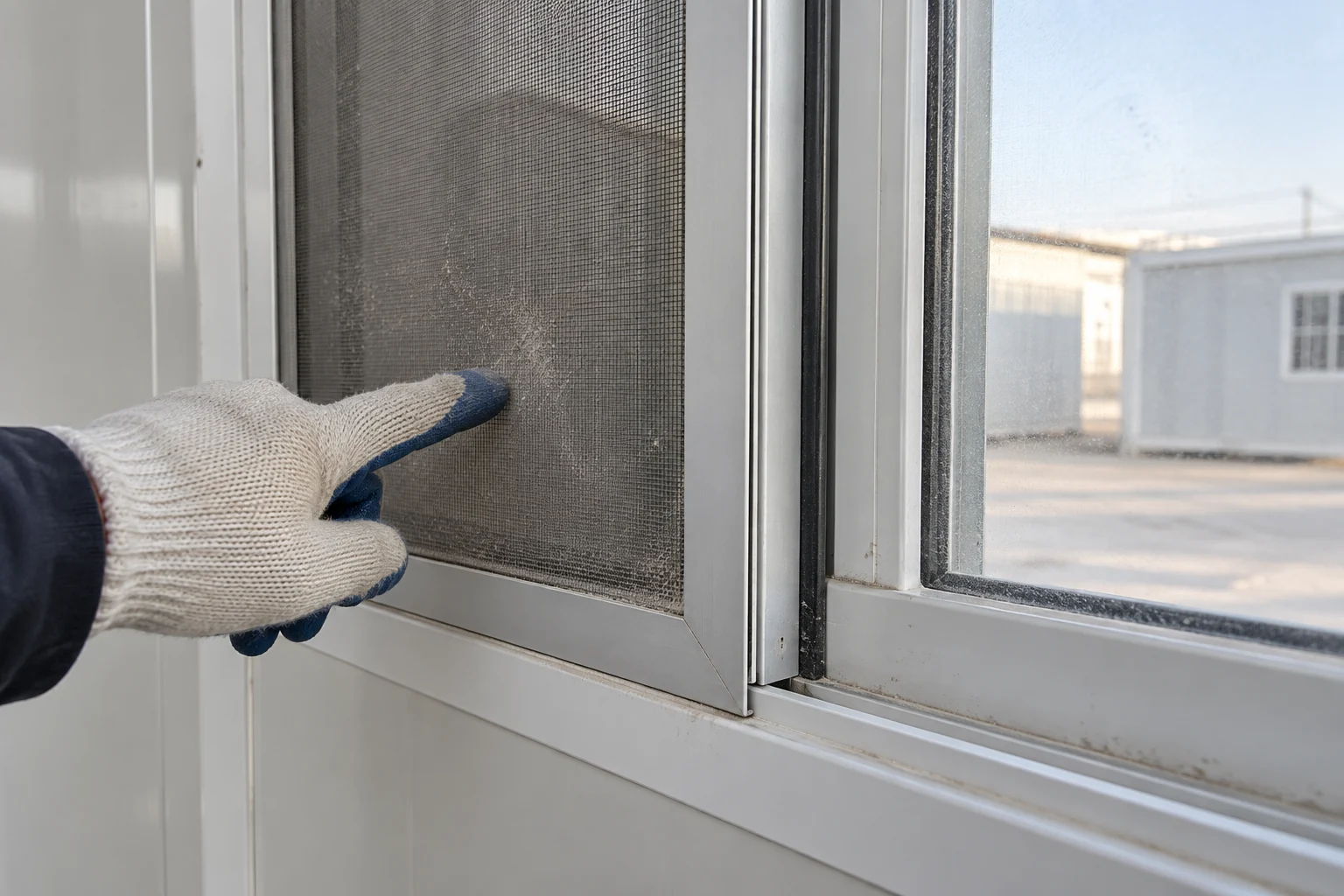 Illustrative Nahaufnahme von Staub auf dem Insektenschutzgitter neben dem verglasten Fensterflügel und dem Fensterrahmen.