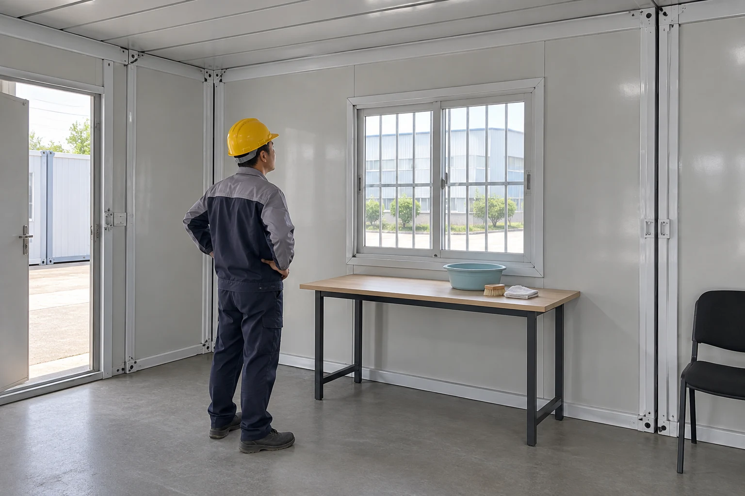 Beispielhafter, übersichtlicher Innenraum-Arbeitsbereich neben einem gut zugänglichen Fenster eines Modulraums.