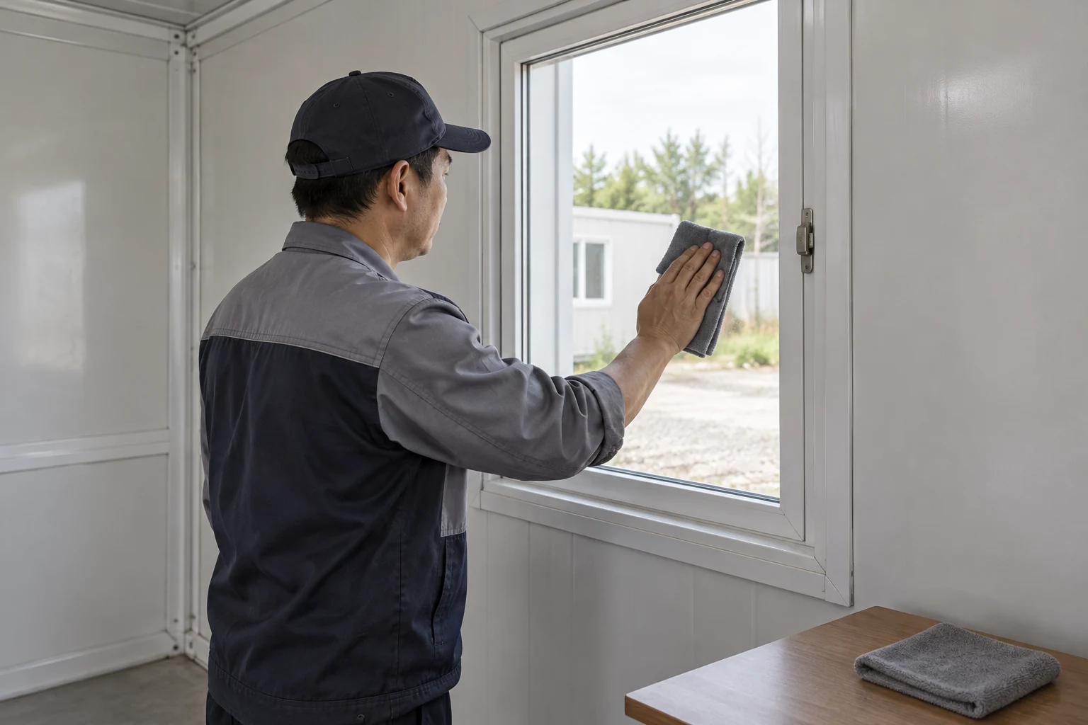 Ein Arbeiter wischt einen kleinen Teil einer Fensterscheibe mit einem weichen Tuch ab, wobei das Glas und der umgebende Rahmen sichtbar voneinander getrennt bleiben.