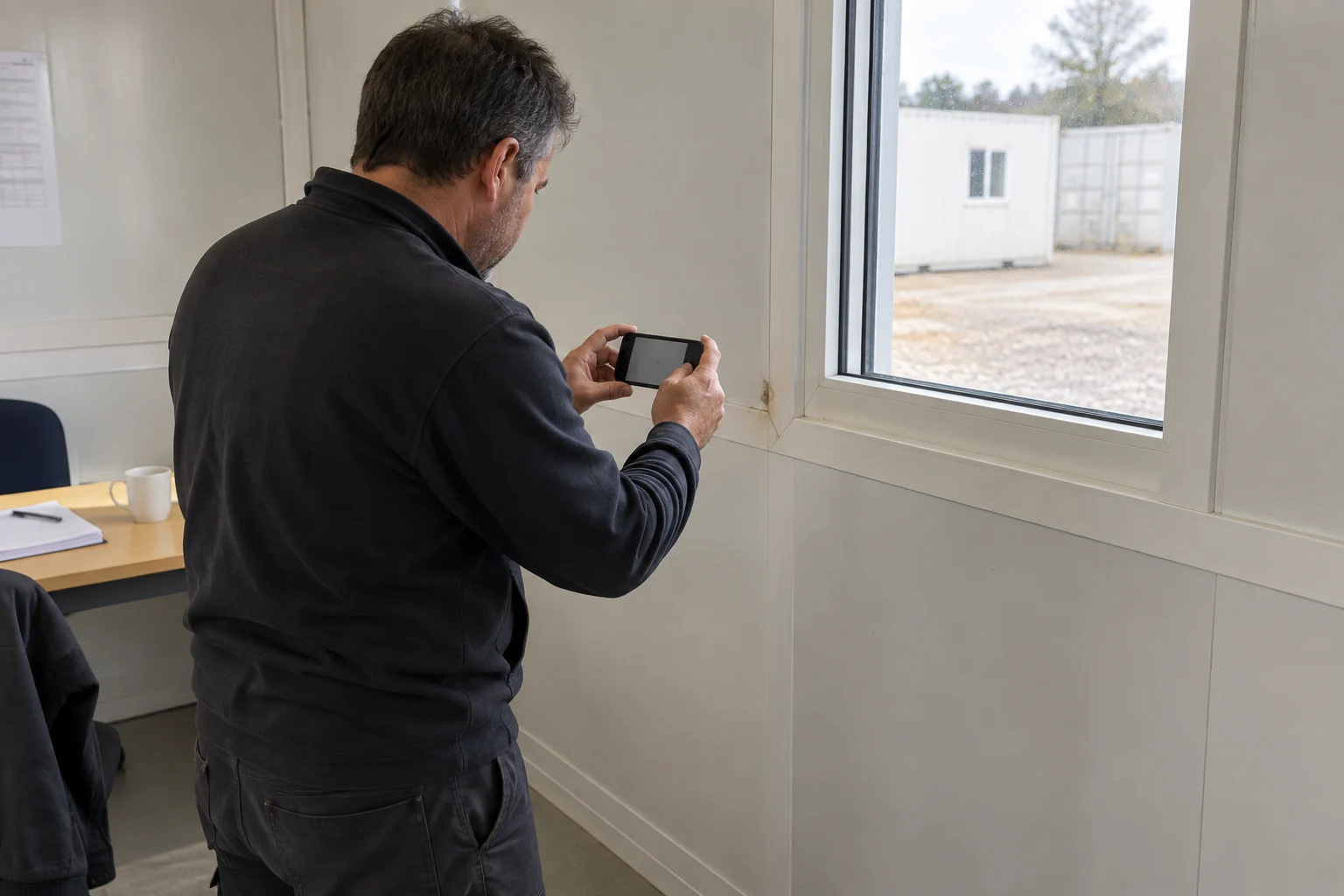 Ein Haustechniker fotografiert einen kleinen, hartnäckigen Fleck neben einem Zimmerfenster, ohne die Konstruktion zu behandeln oder zu demontieren.