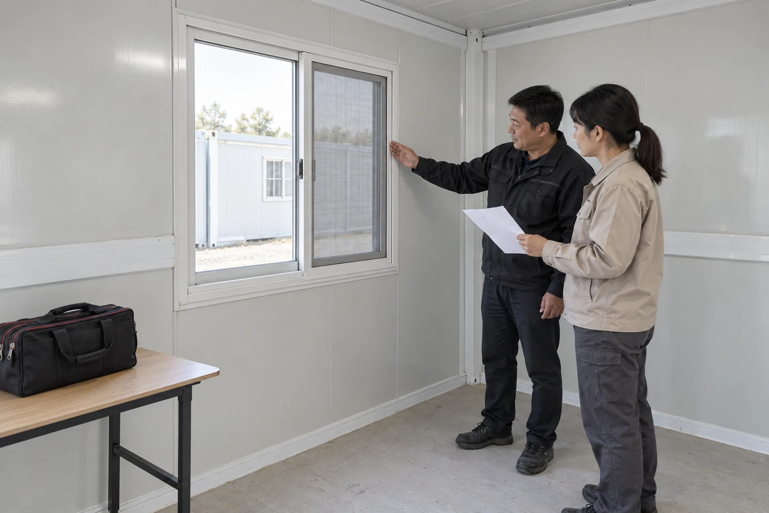 Der Baustellenleiter und der Hausmeister vergleichen eine einfache Anleitungsseite mit einem eingebauten Fenster und Insektenschutzgitter.