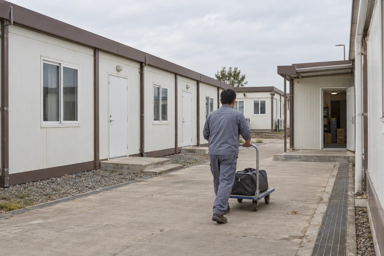 Ein Arbeiter schiebt einen kleinen Gepäckwagen über einen Gehweg in der Paneelsiedlung in Richtung Lagerraum.