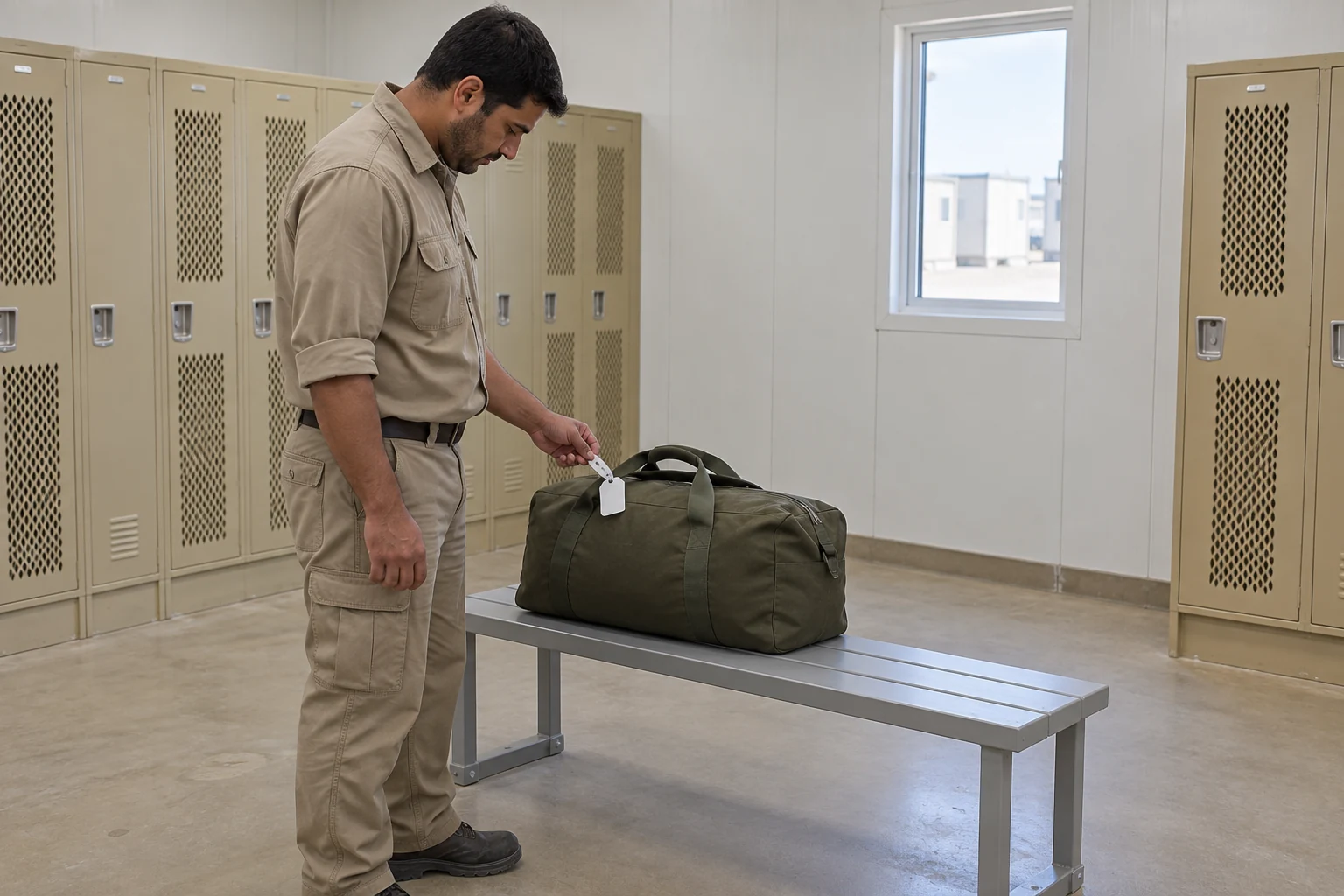 Abbildung eines Mitarbeiters, der eine mit einem Etikett versehene, verschlossene Tasche auf einer separaten, zugewiesenen Bank kontrolliert.