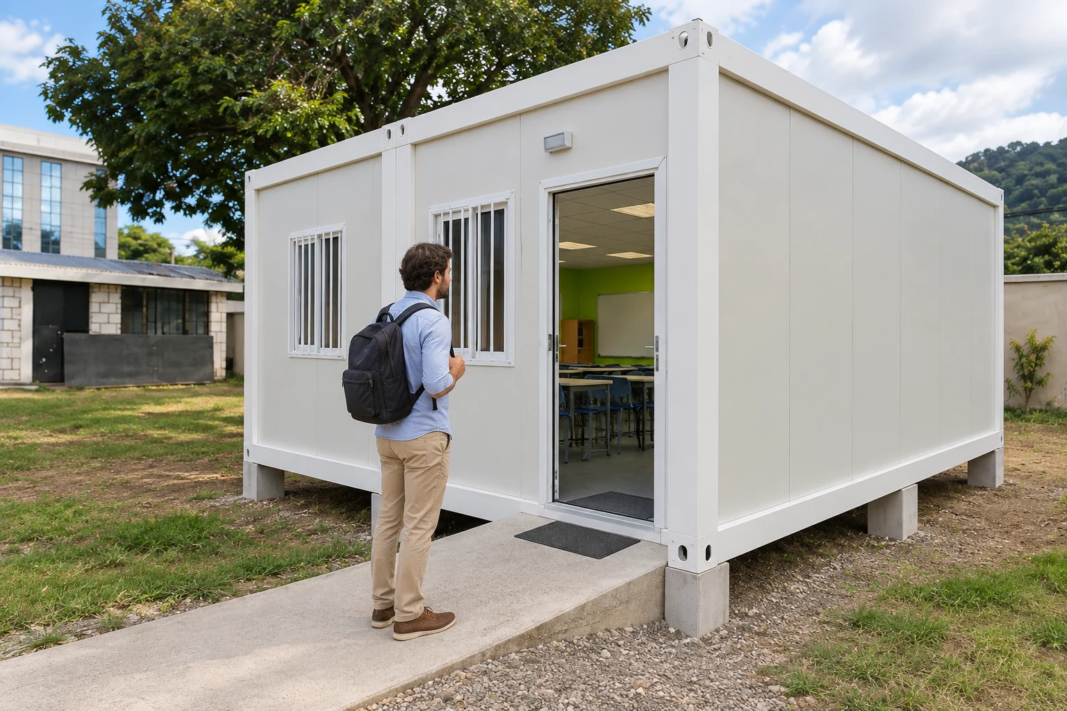 Ein Erwachsener prüft den Zugang zu einem modularen Klassenzimmereingang