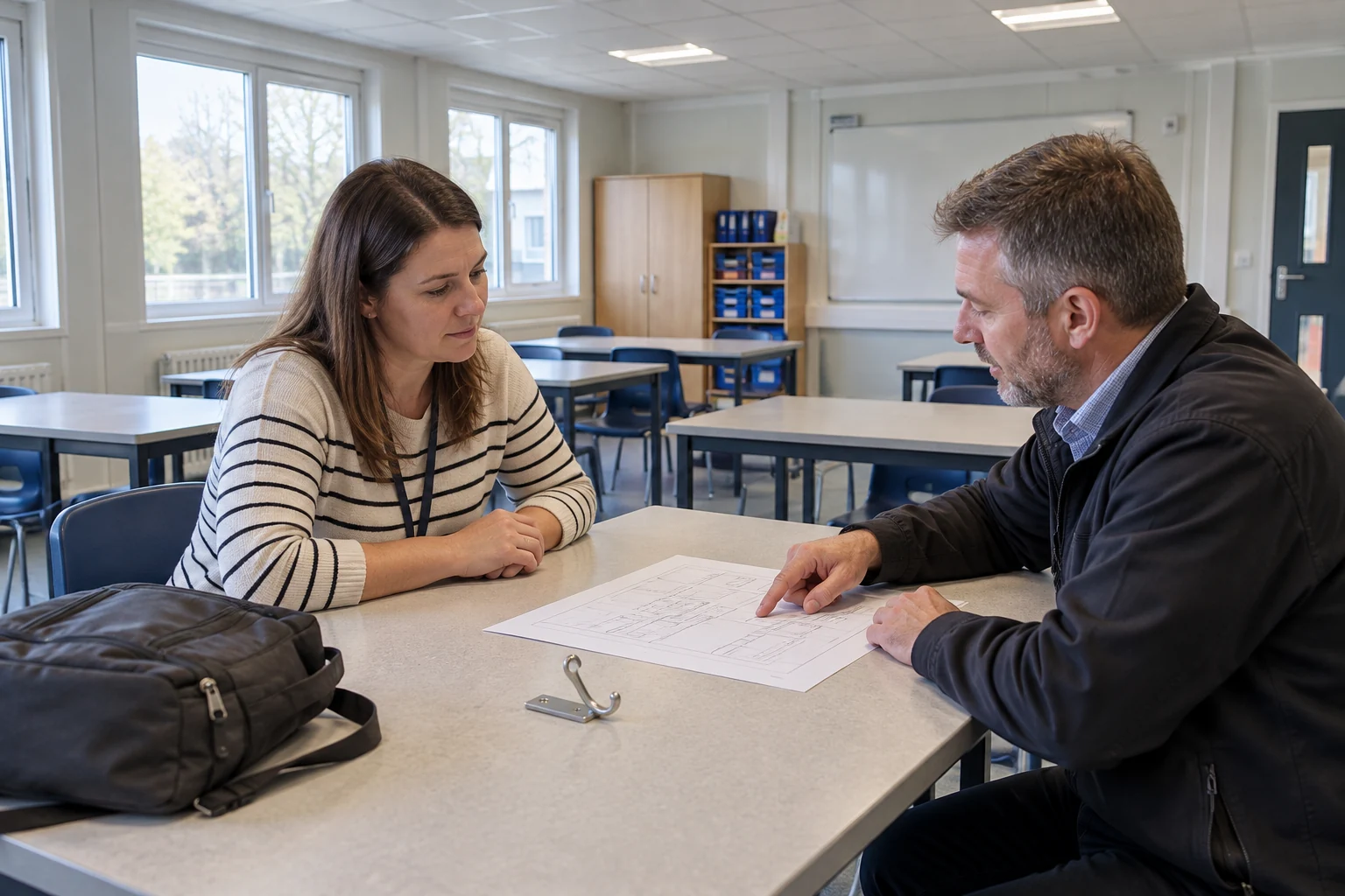 Käufer bespricht den Umfang der Lagermöglichkeiten im Klassenzimmer neben einem Layoutplan