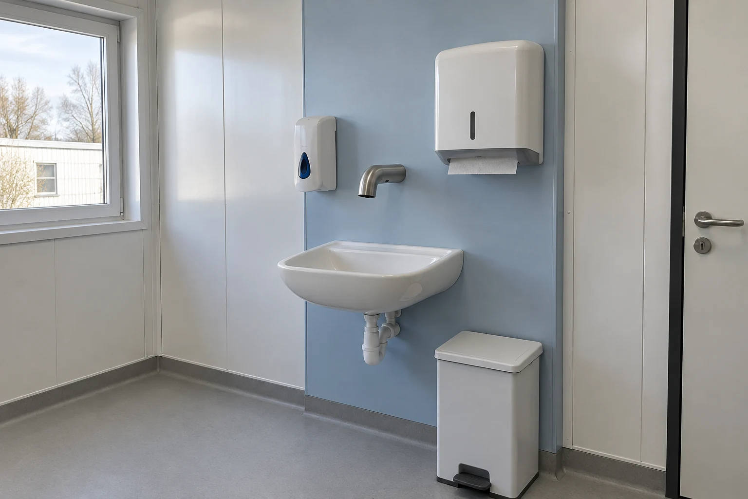 Ilustración de un lavamanos clínico vacío con grifo de pared y dispensadores de jabón y toallas en una sala modular