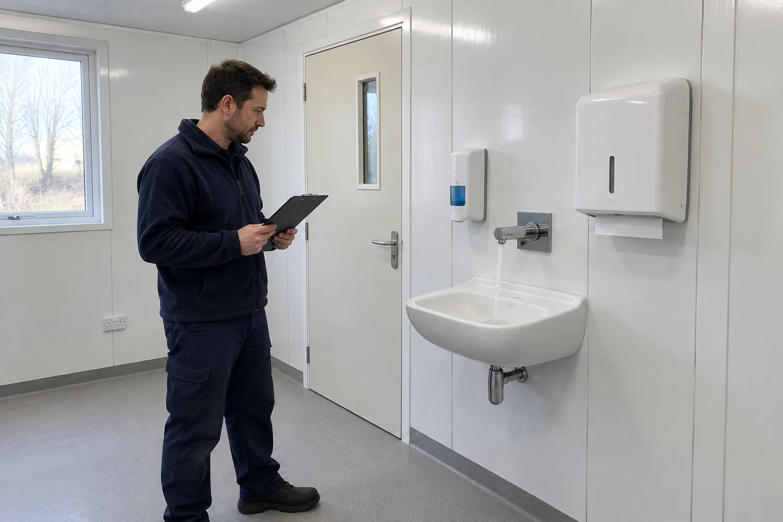 Imagen ilustrativa de un inspector de instalaciones observando una estación de lavado de manos en una habitación sin pacientes.
