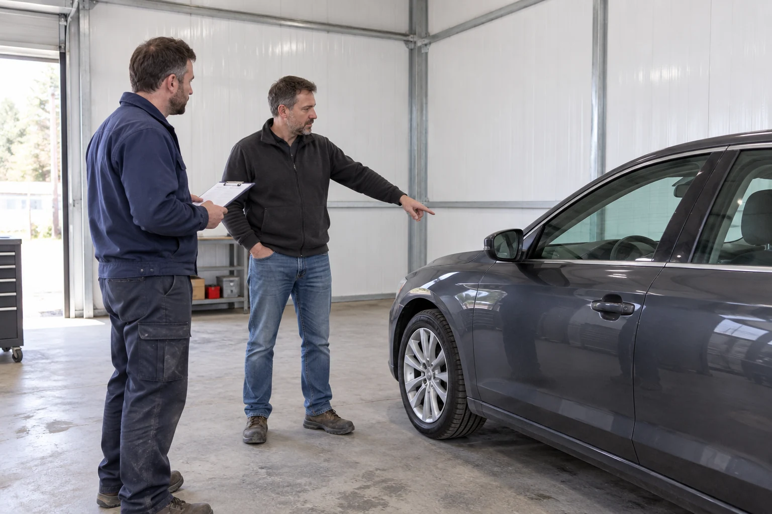 Beispielhafte Prüfung der Anforderungen an Arbeiten bei laufendem Motor neben einem stehenden Fahrzeug mit abgestelltem Motor