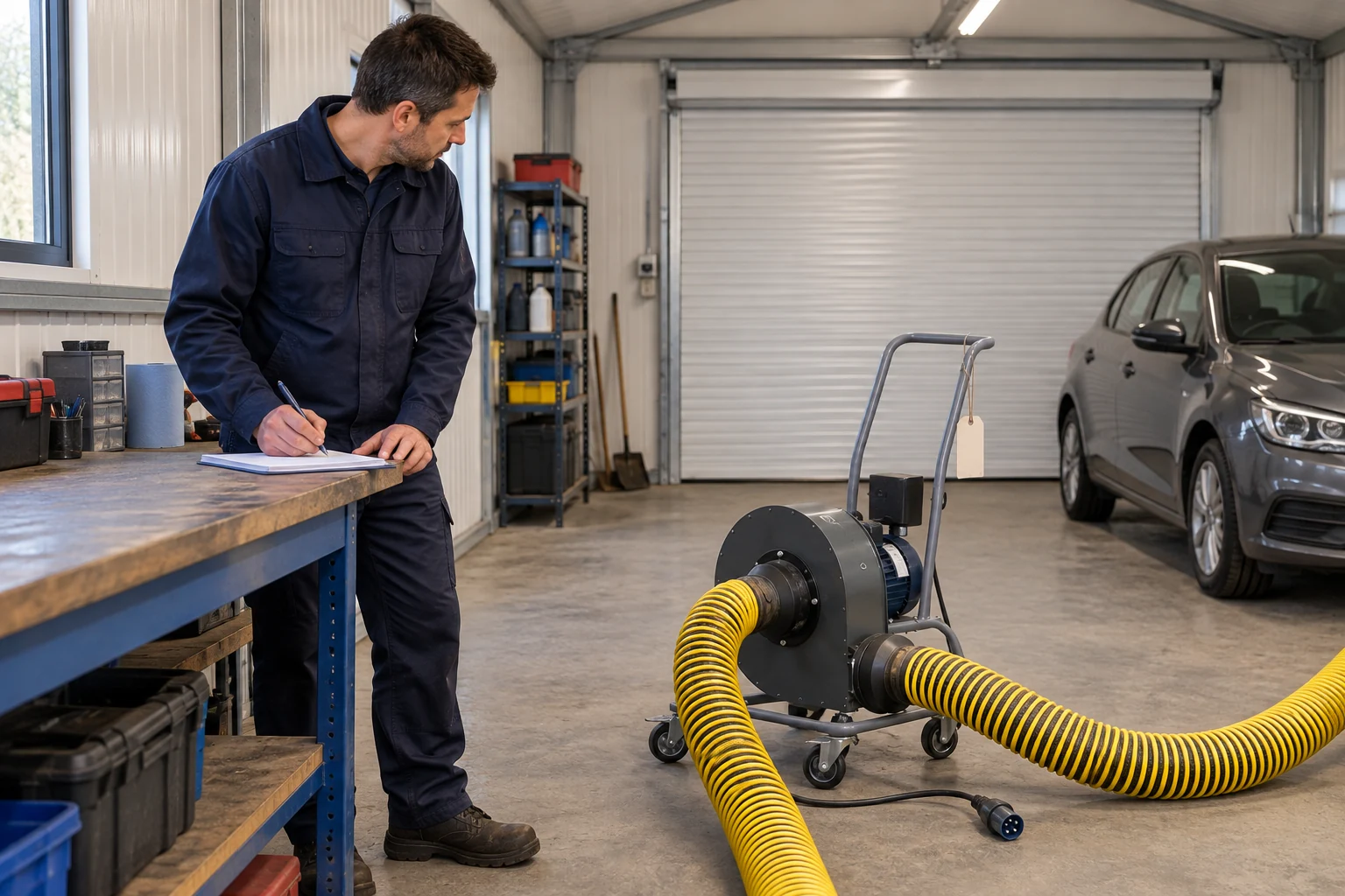 Mitarbeiter dokumentiert ein Geräteproblem an einer Werkbank neben einer nicht angeschlossenen mobilen Abgasabsaugung und einem geparkten Auto in einer Garage aus Paneelen