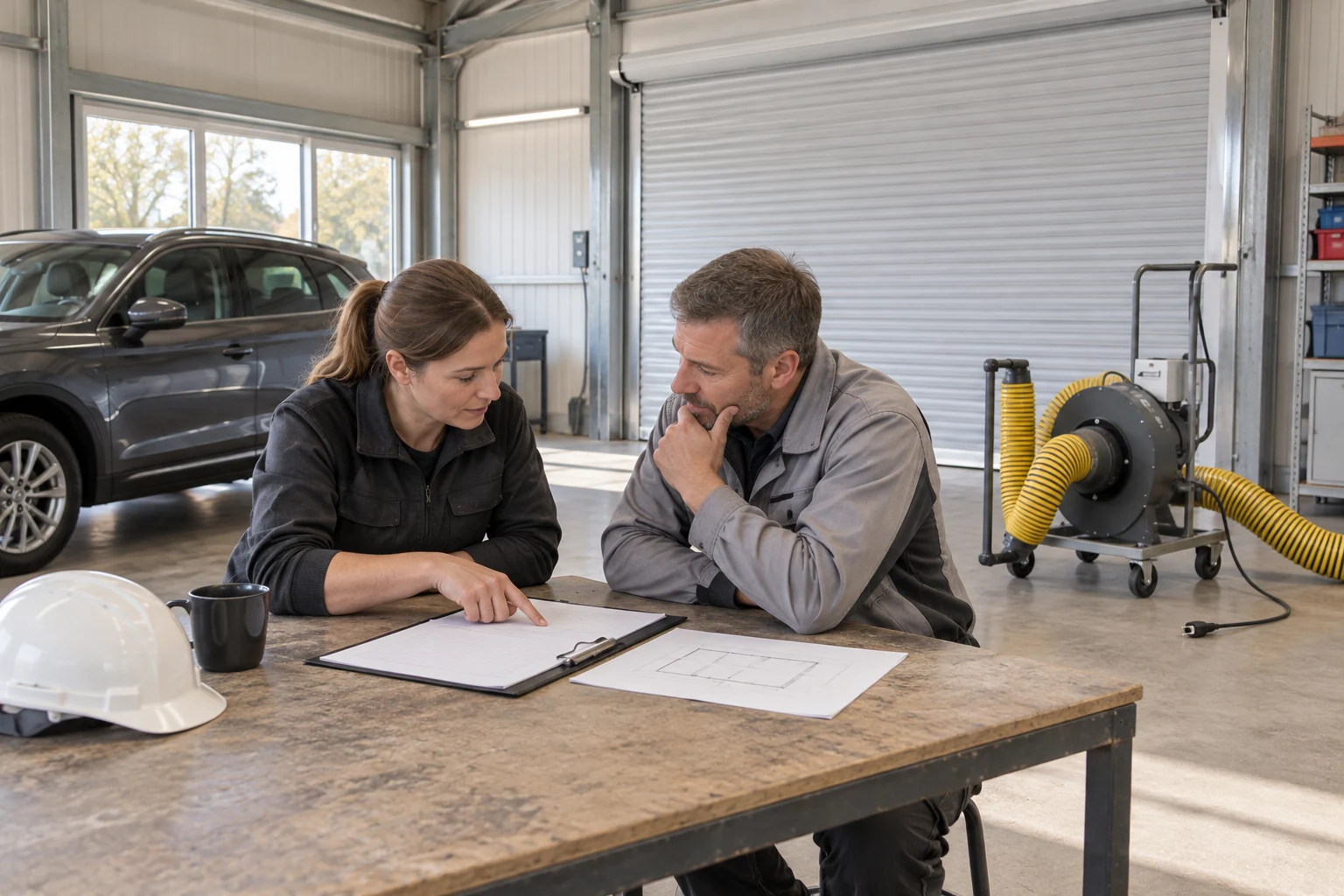 Zwei Fachleute besprechen Protokollblätter und eine Anordnung neben einer nicht angeschlossenen mobilen Abgasanlage in einer gewöhnlichen Garage.