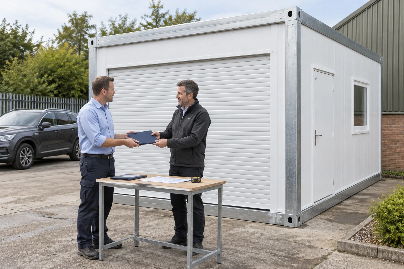 Käufer und Lieferant übergeben eine geschlossene Mappe neben einer einfachen Garage aus Paneelen mit geschlossenem Rolltor und geparktem Fahrzeug