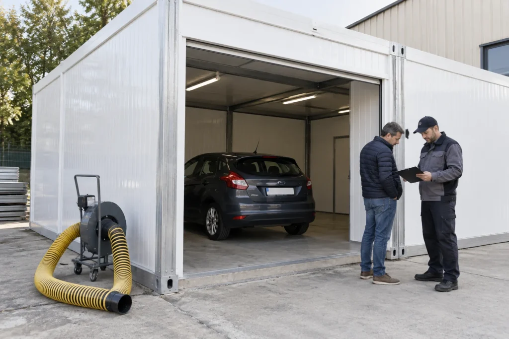 Illustrative Beschaffungsbesprechung für eine modulare Garage neben einem Fahrzeug mit ausgeschaltetem Motor und abgekoppelter Abgasabsaugausrüstung