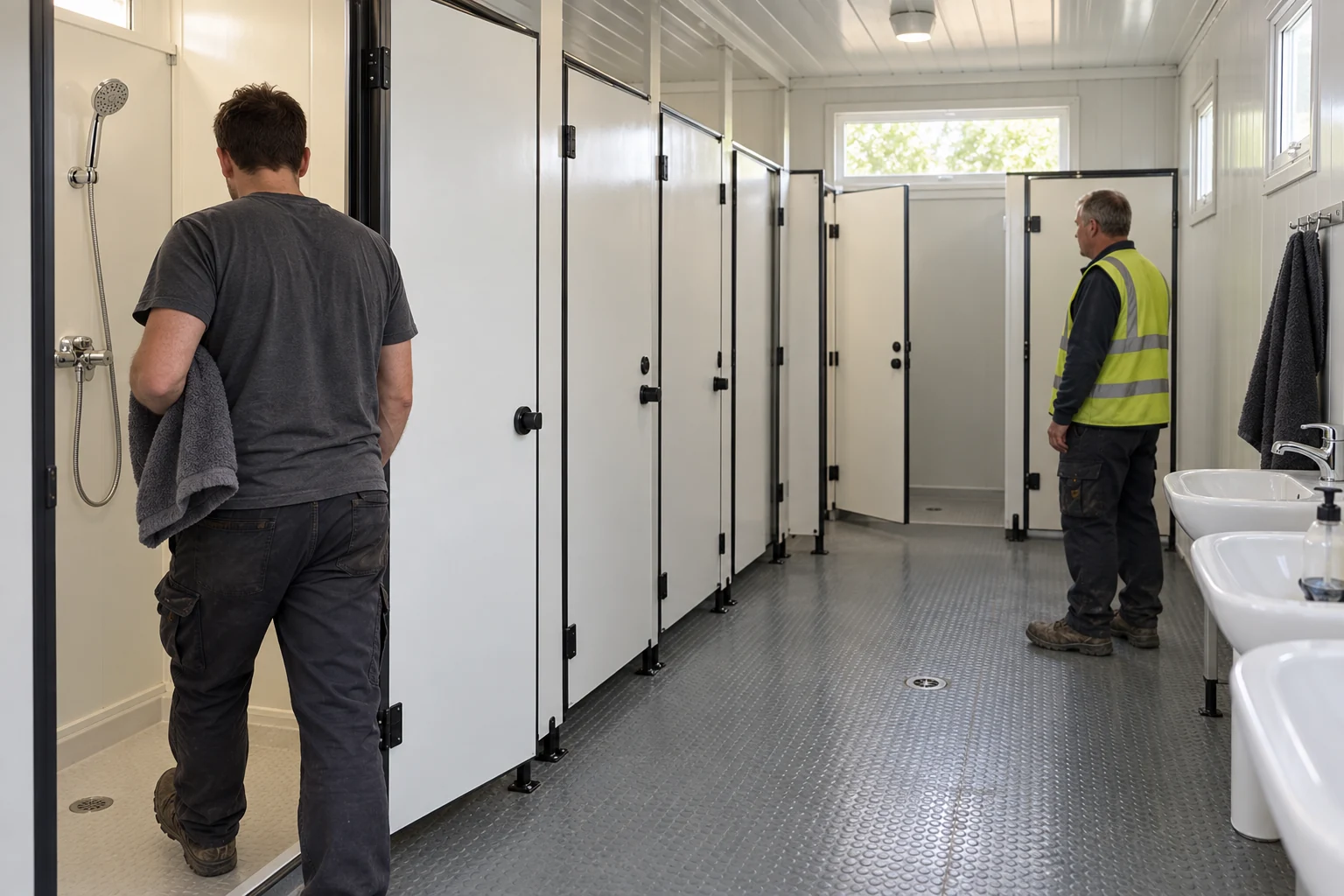 Illustrative shower-block aisle with one clothed worker entering a bay, closed neighboring compartments and an empty open bay.