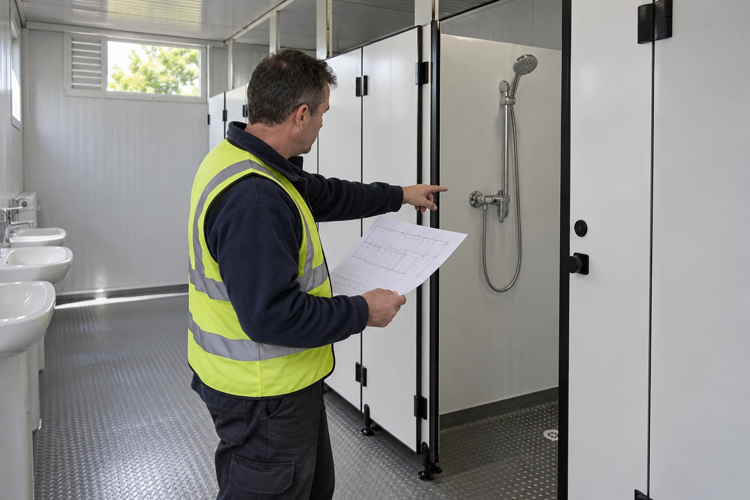Illustrative facilities coordinator comparing an indistinct paper layout with a visible shower mixer, hose and partitioned bay.