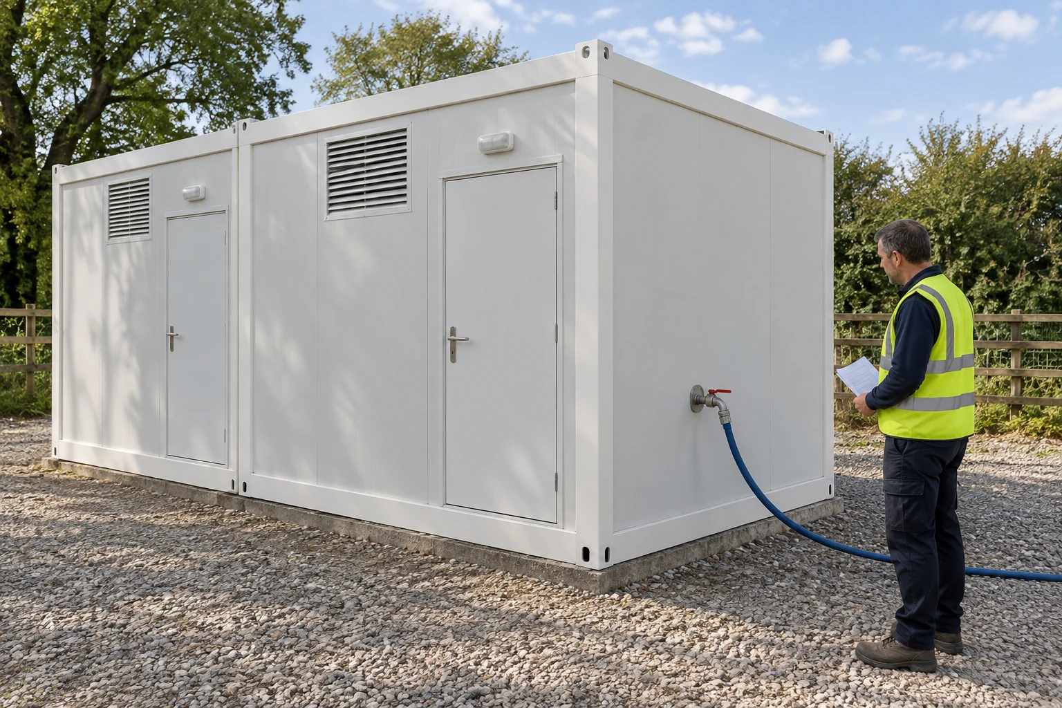 Illustrative scene: a site coordinator checks the boundary of a simple visible supply connection at a modular shower block.