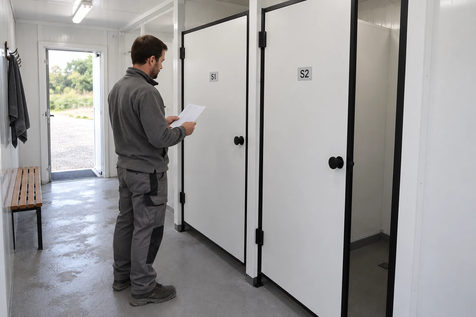 Illustrative scene: an operator compares two shower-bay identity labels with a simple outlet record.