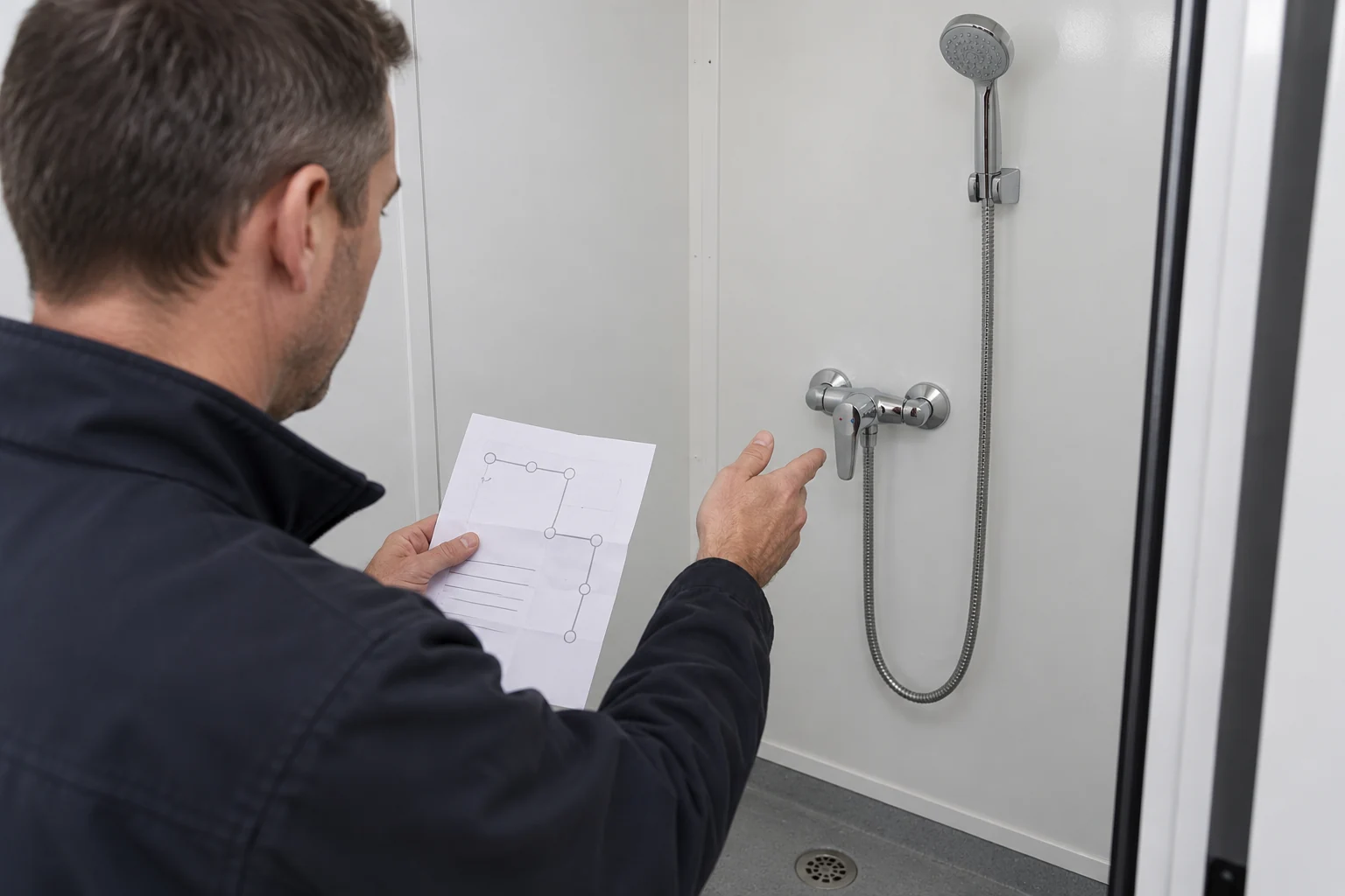 Illustrative scene: an operator compares a simple route sheet with a visible shower mixer and handset point.