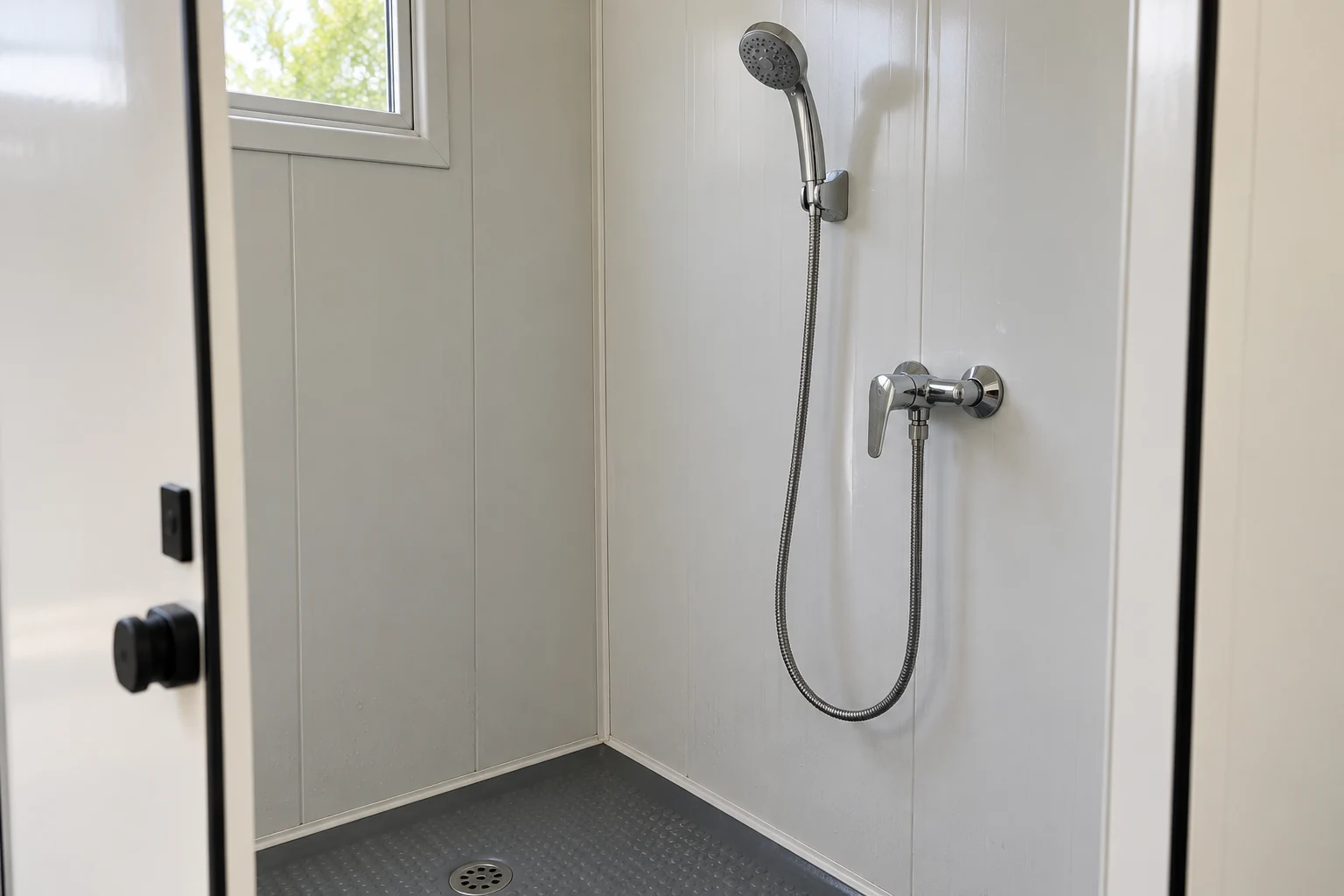 Illustrative scene: a shower mixer, handset and hose mounted in a white-panel modular bay.