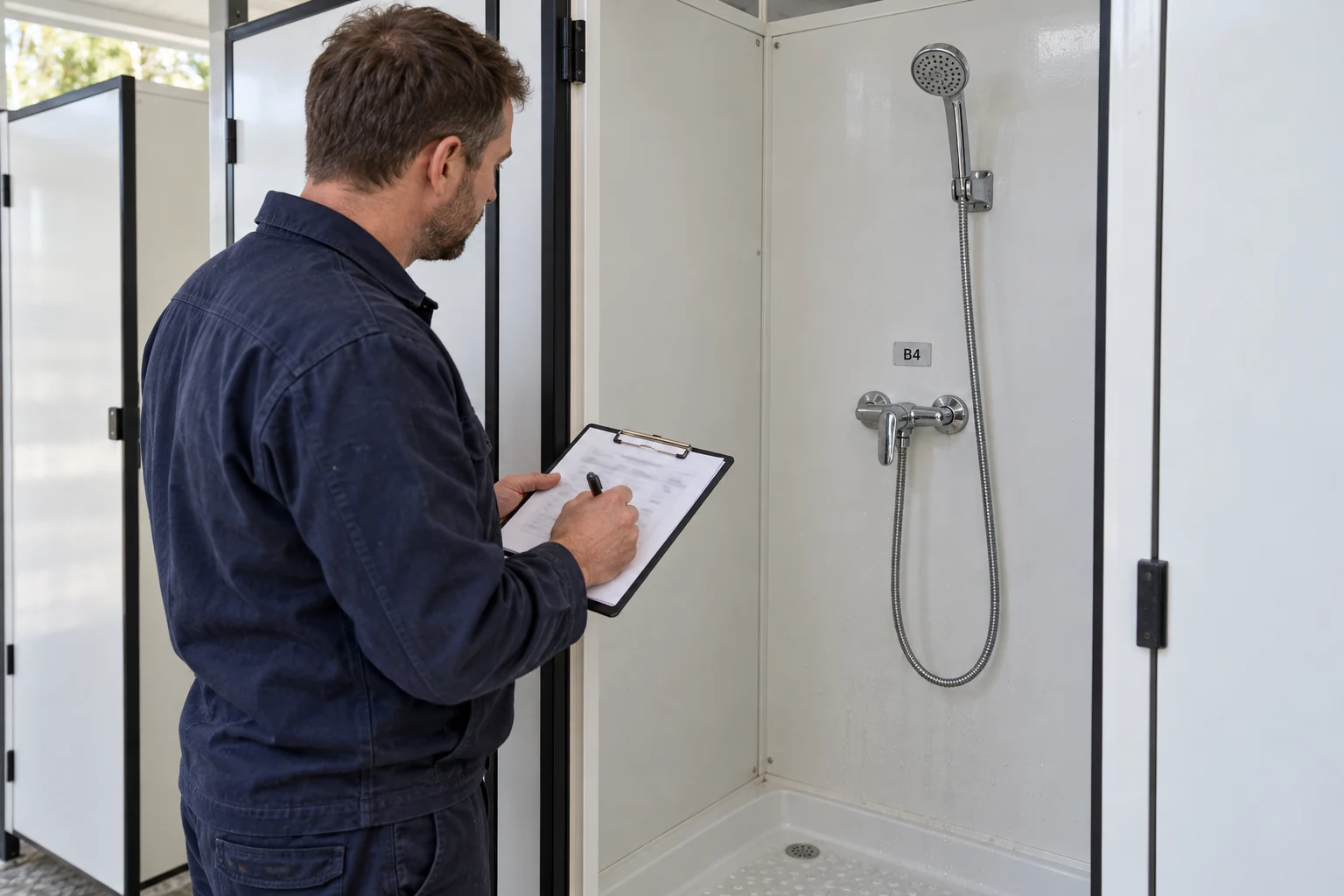 Illustrative scene: an operator records the identity of a visible shower point beside a modular bay.