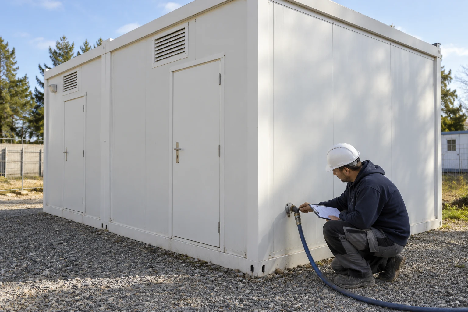 Illustrative scene: an installer reviews a modest visible exterior water connection beside a modular shower block.