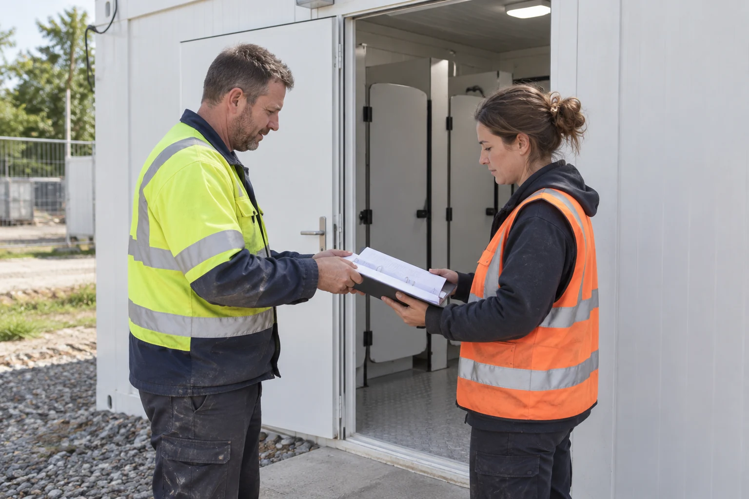 Illustrative scene: two operators hand over a record folder beside the entrance of a modular shower block.
