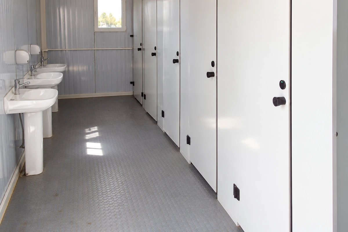 Ilustração gerada de um corredor desobstruído entre lavatórios com pedestal e portas de cabines sanitárias.