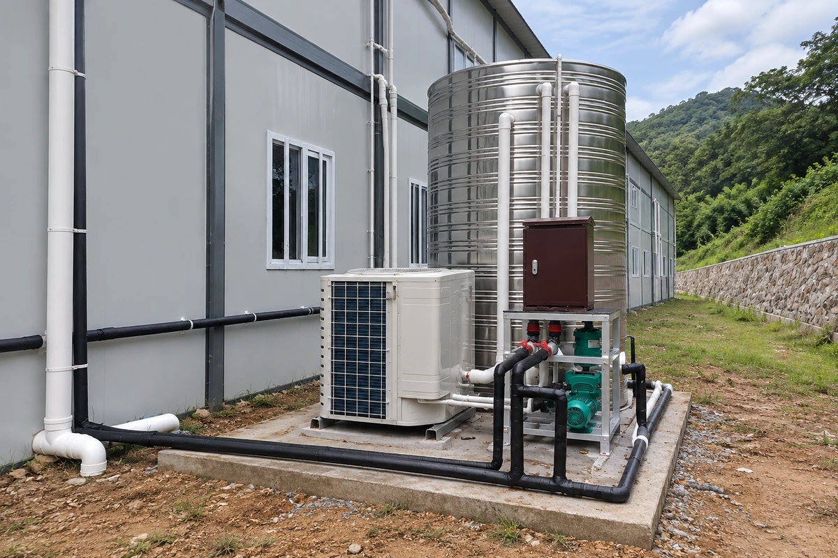 Ilustração gerada automaticamente mostrando equipamentos de serviço externos e tubulações expostas ao lado de um edifício sanitário pré-fabricado.