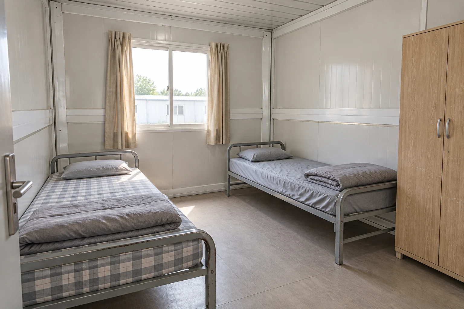 Zwei einfache Betten und bewegliche Aufbewahrungsmöbel in einem schlichten modularen Schlafzimmer.
