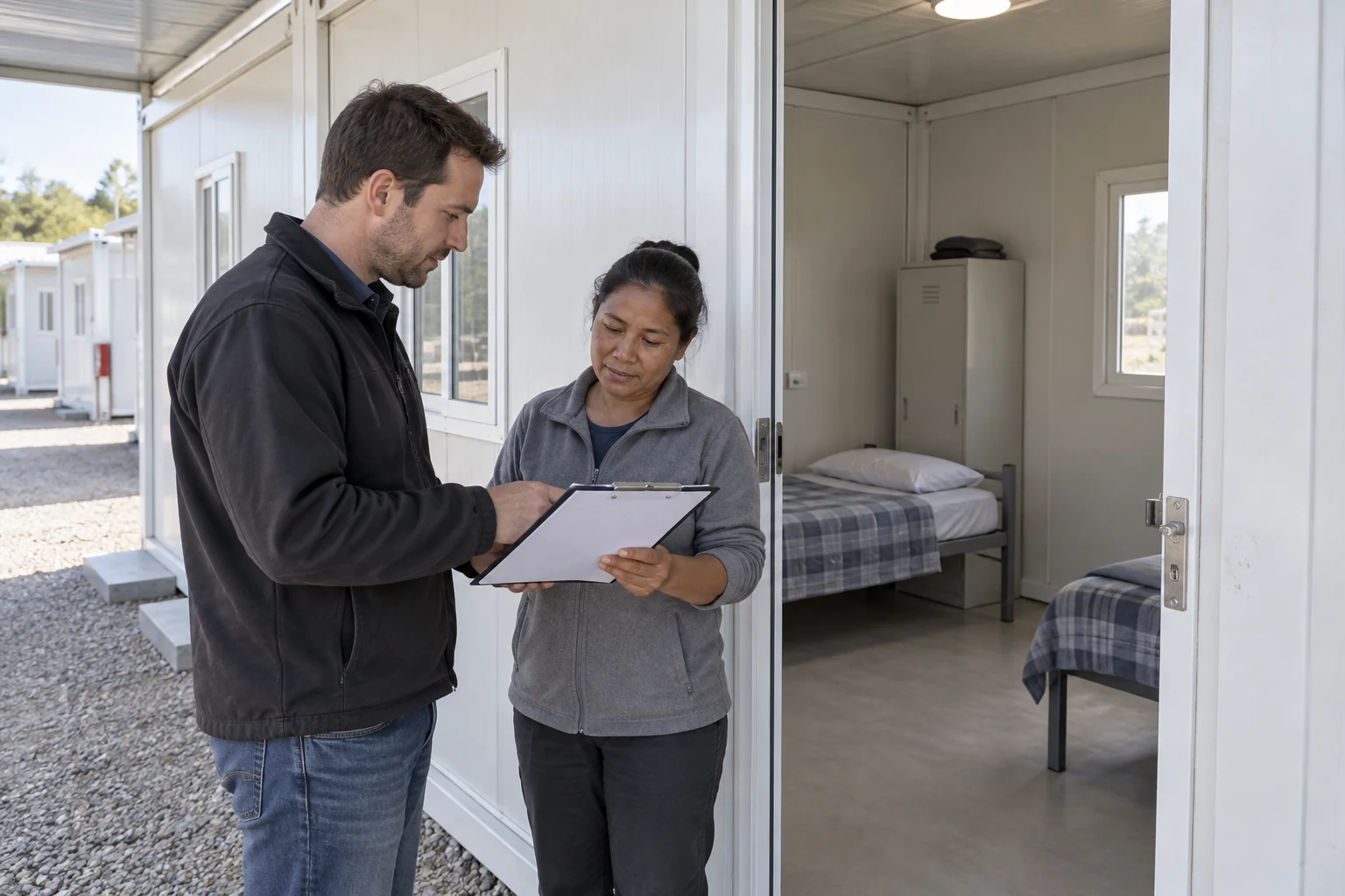 Ein Unterkunftskoordinator und eine Reinigungskraft gehen durch ein möbliertes Zimmer.