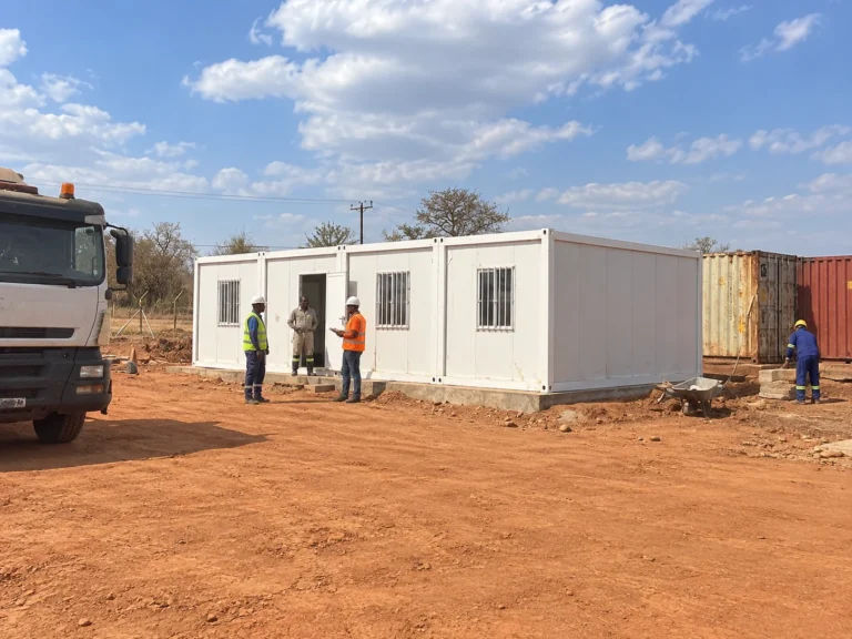 White modular building with barred windows on a concrete base beside site workers