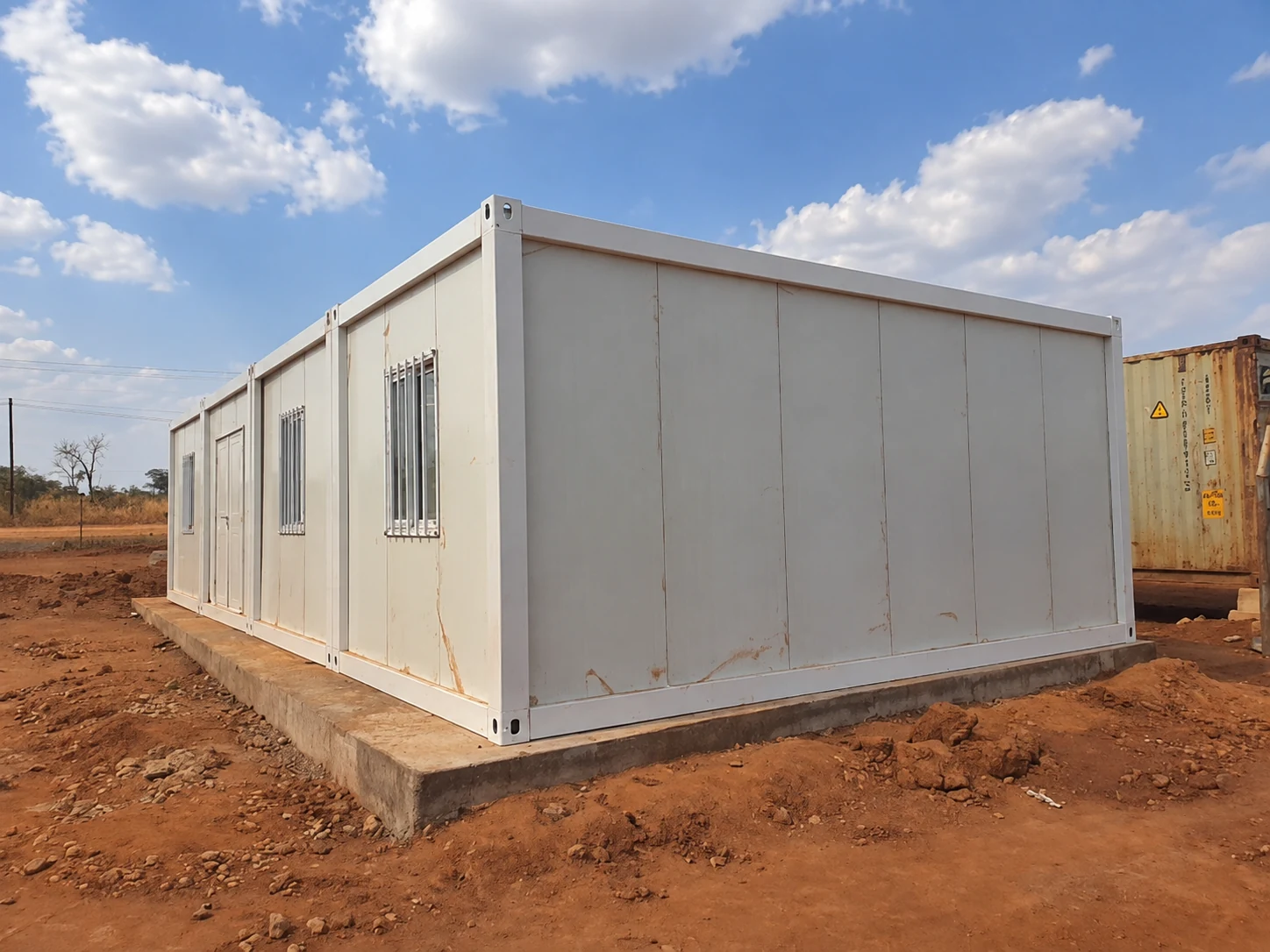 Corner view of a white modular building on a concrete base
