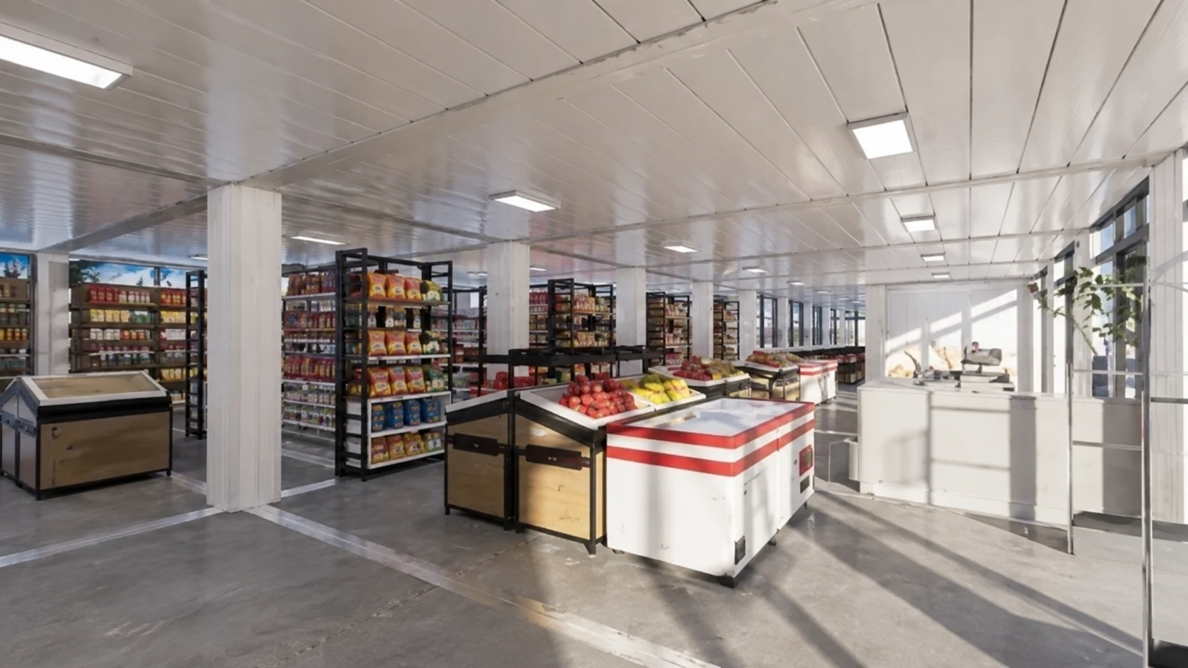 Reference shop interior with shelving and refrigerated display counters